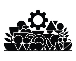 Abstract silhouette of industrial gear above assortment of food items and plants