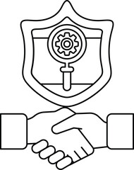 A black and white image of two hands shaking with a shield in the background