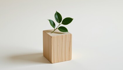 A small green plant branch with leaves emerges from a light wooden cube