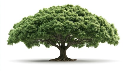 Lush green tree with large canopy and exposed roots, isolated on white background.