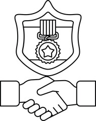 A black and white drawing of two hands shaking hands with a shield