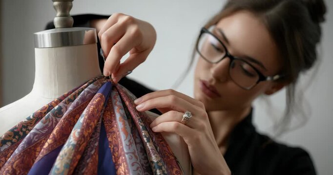 Pinning seamstress securing patterned pleated strips on form in studio creating drape with pins