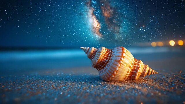 A beautiful seashell rests on a sandy beach at night, under a starry sky.