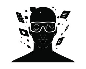 Futuristic silhouette of a person wearing virtual reality goggles surrounded by floating digital elements and abstract shapes