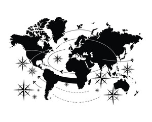 Stylized world map silhouette with compass roses and travel routes illustrating global connectivity and exploration