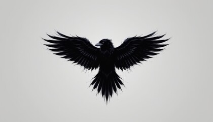 A solitary black raven with wings spread wide against a light grey background