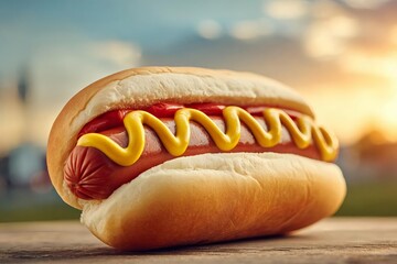 Delicious Hot Dog with Mustard and Ketchup Against Sunset Background