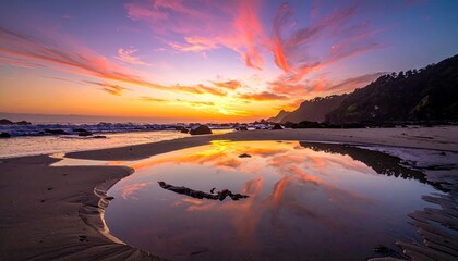 Serene Beach Reflection with Pink Sky and Misty Atmosphere at Sunrise