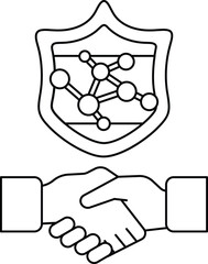 A handshake between two people is shown with a shield in the background
