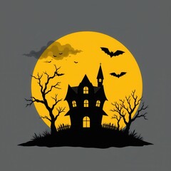 Silhouette of a haunted mansion with bats flying against a large yellow full moon and barren trees