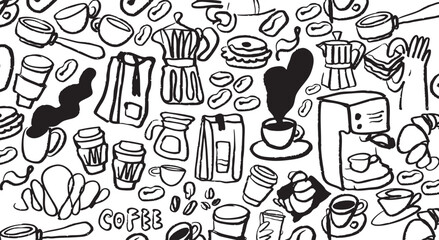 Isolated vector coffee doodle set. Hand drawn cute coffee, food and desserts. Sketch, Breakfast doodle set elements. Menu. Cafe. Black pencil, chalk illustration. Turk, coffee maker. 