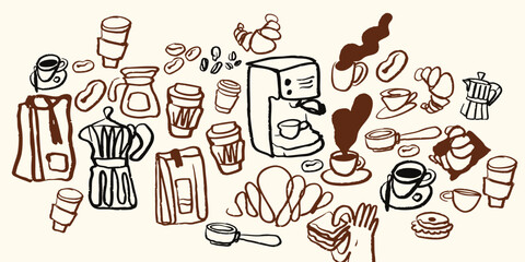 Isolated vector coffee doodle set. Hand drawn cute coffee, food and desserts. Sketch, Breakfast doodle set elements. Menu. Cafe. Black pencil, chalk illustration. Turk, coffee maker. 