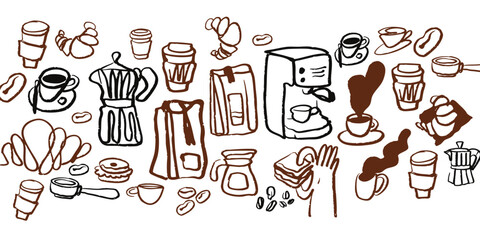 Isolated vector coffee doodle set. Hand drawn cute coffee, food and desserts. Sketch, Breakfast doodle set elements. Menu. Cafe. Black pencil, chalk illustration. Turk, coffee maker. 