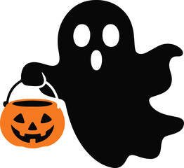 Halloween ghost with pumpkin bucket silhouette vector