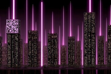Futuristic Cityscape with Neon Lights and QR Code Elements