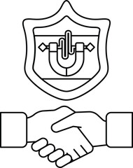 A handshake between two people is shown with a shield behind them