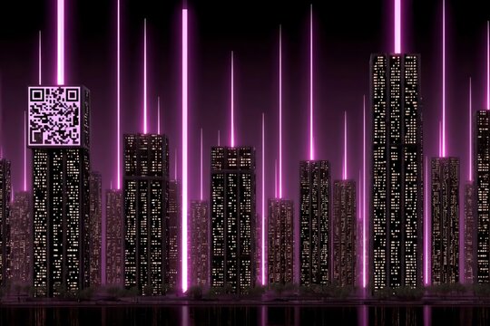 Futuristic Cityscape with Neon Lights and QR Code Elements