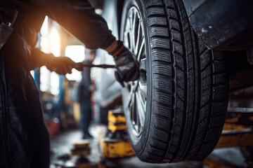 Mechanic working on a car wheel in an auto repair shop, tightening lug nuts on a lifted vehicle while focused on maintenance and tire replacement under workshop lighting.