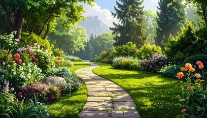 Obraz premium Serene Garden Path Through Lush Greenery with Blooming Flowers in Sunlight