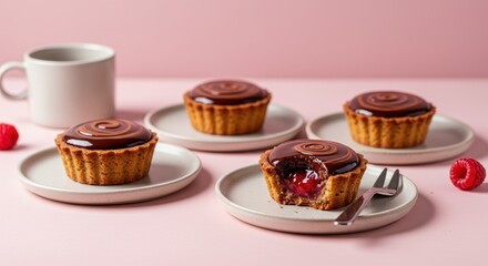 Delicious Chocolate Tarts with Berry Filling on Pastel Pink Background