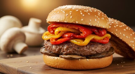 Juicy hamburger with colorful peppers on sesame seed bun placed on wooden board background