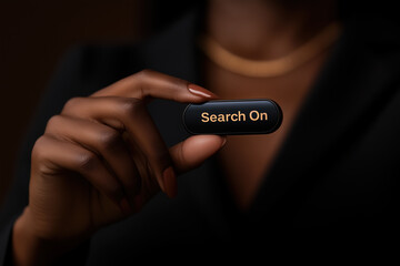 Businesswoman displaying a futuristic search button, activating online research and facilitating information seeking in a technology driven landscape, embodies innovation and digital exploration
