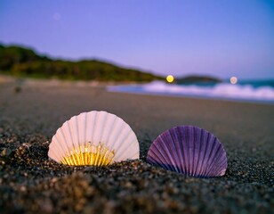Two seashells on a beach at twilight