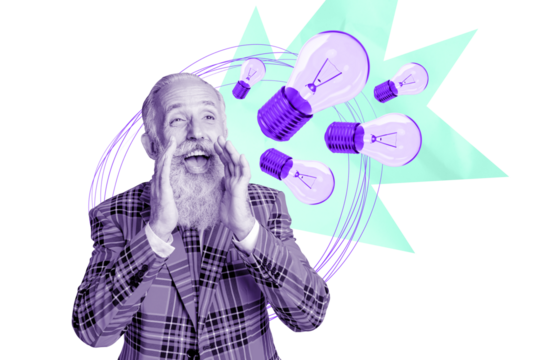 Composite trend artwork sketch image photo collage of aged man professor  hand show gesture horn talk idea lamp laptop project smart