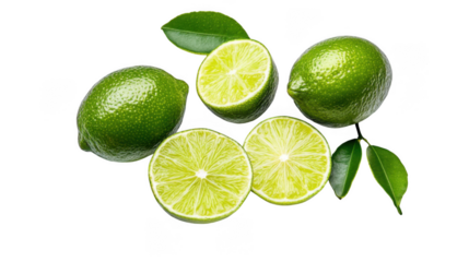 A close up shot of whole and halved limes with green leaves on a black background creating a fresh look