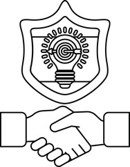 Fototapeta premium A black and white image of two hands shaking with a shield behind them