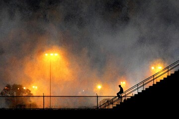 Solitary Figure on Stadium Steps Against Foggy Night Landscape