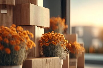 Stacked Boxes and Orange Flowers in Warm Natural Light Setting