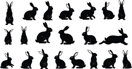 Black rabbit silhouettes in different poses and angles, wildlife animals, bunny shapes, various sitting, running and standing postures, isolated on white background.