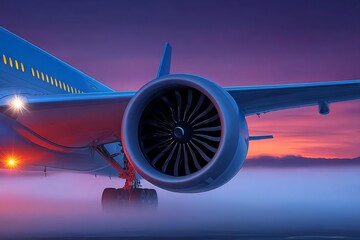 Stunning Aircraft Engine with Twilight Sky and Foggy Background