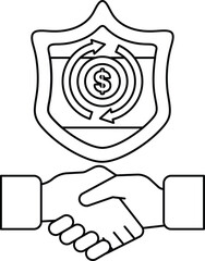 A black and white drawing of two hands shaking hands with a shield behind them