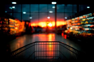 Sunset Glow Over Aisles in Grocery Store with Shopping Cart View