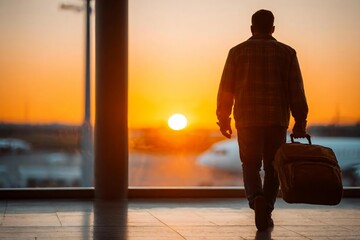 Traveler Walking Toward Airport Window at Sunset with Luggage