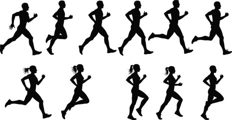 Black silhouettes of man and woman running in different dynamic poses, jogging, fitness, exercise, healthy lifestyle, isolated on white background, athletic motion concept.