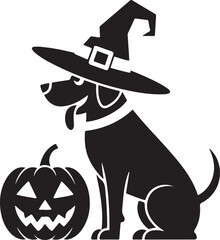 Halloween dog with witch hat pumpkin silhouette vector