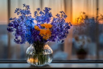Vibrant Bouquet of Purple and Yellow Flowers against Sunset Window