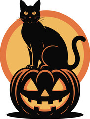 Halloween cat sitting on pumpkin silhouette vector