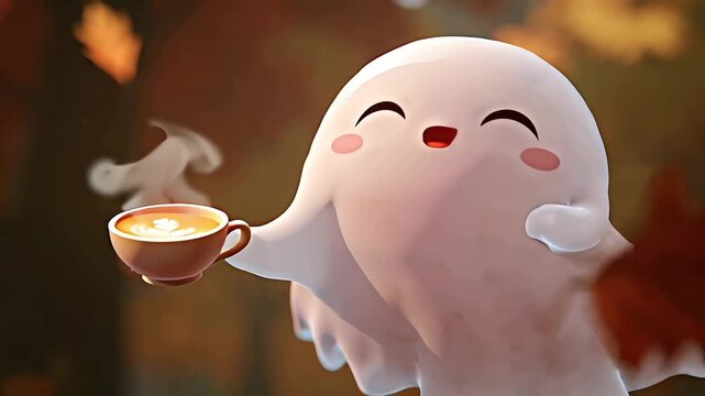 Ghost with Pumpkin Spice Coffee Cup Cute Halloween Cafe Drink Holiday Beverage Autumn Season Caffeine Tasty Barista 3D Cartoon Illustration