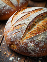 Fresh Sourdough Bread Loaves on a Rustic Wooden Table Ready to Eat
