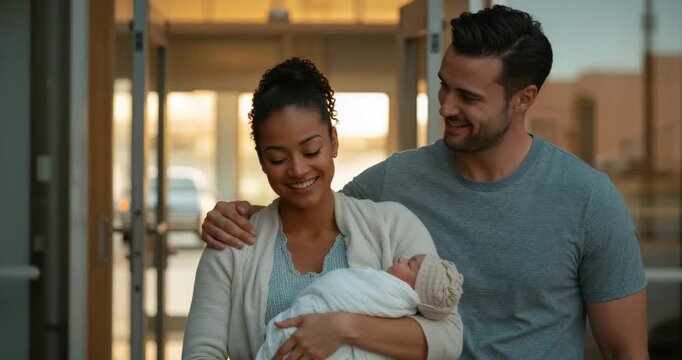 Sliding doors opening, couple carrying newborn in swaddle leaving hospital entrance, with knit hat