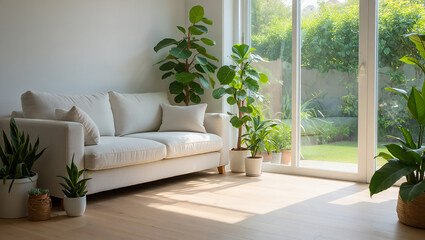 Bright Living Room with Couch and Indoor Plants Near Sliding Glass Doors Overlooking Backyard