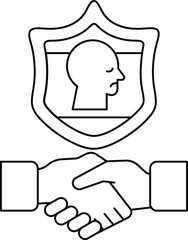 A man and a woman shake hands in front of a shield