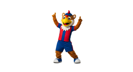 Cheerful cartoon mascot wearing athletic gear gestures with both hands, celebrating victory or