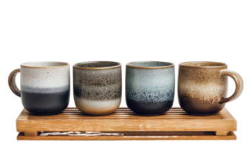 Four ceramic mugs with ombre gradient designs sit on a light-colored wooden tray