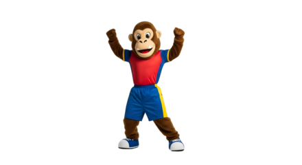 Cheerful monkey mascot wearing a red and blue outfit, arms raised in a celebratory pose against