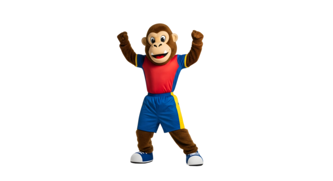 Cheerful monkey mascot wearing a red and blue outfit, arms raised in a celebratory pose against